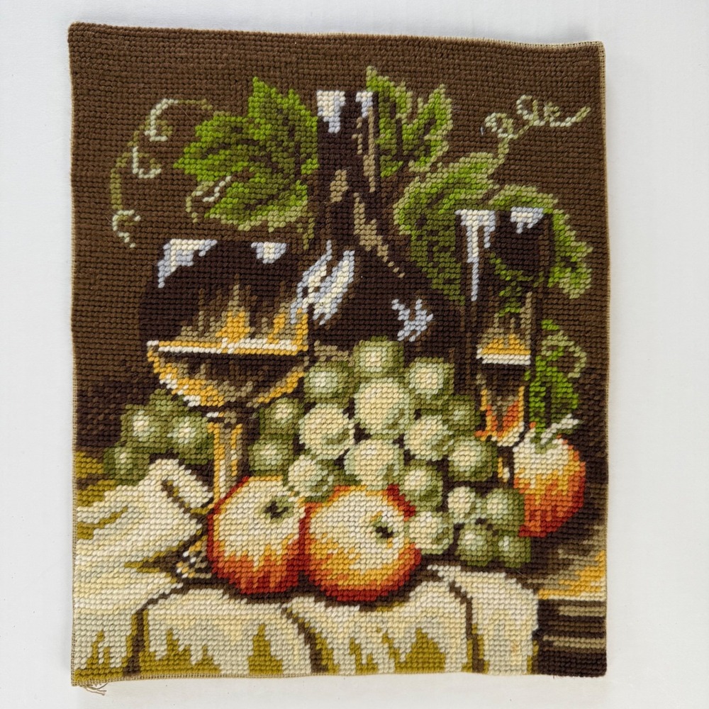 Vintage Needlepoint Tapestry Wine Fruit Still Life Hand Stitched Wall Art 10 x12